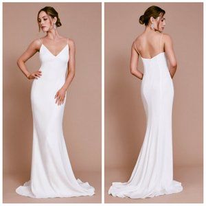 TADASHI SHOJI V Neck Stretch Crepe Slip Gown Ivory